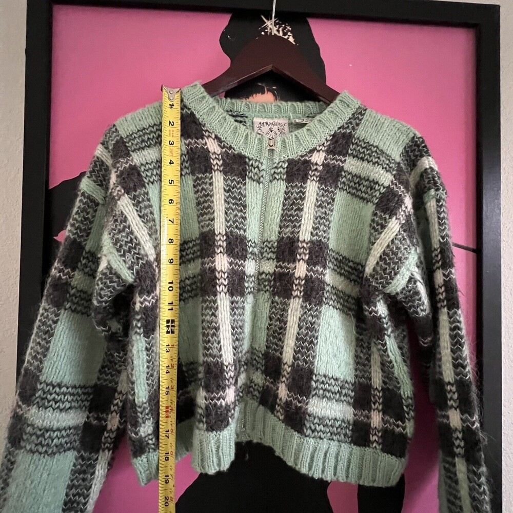Vintage Anthropologie Womens Acrylic Wool Mohair Plaid Zip Cardigan Mint - Picture 5 of 7